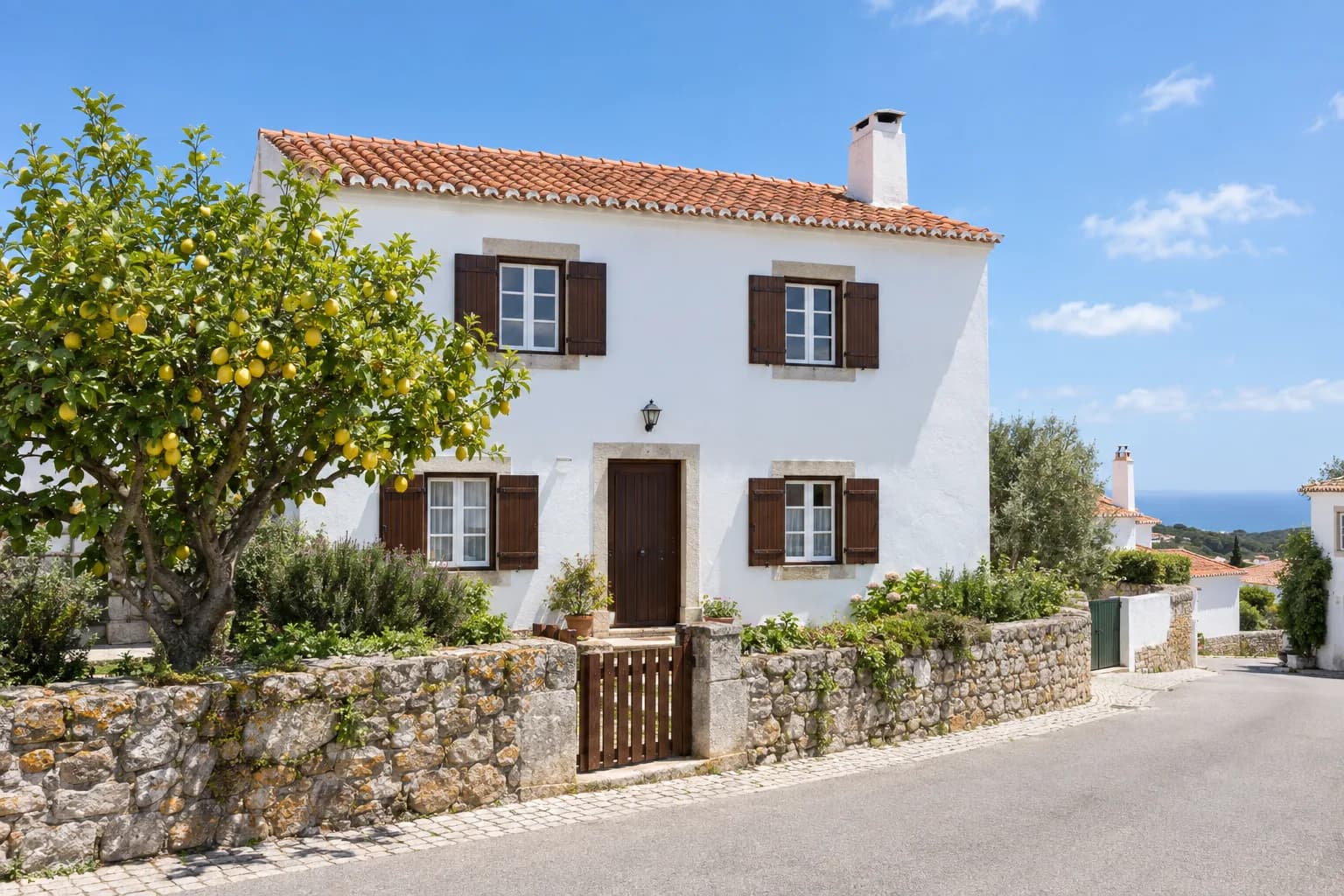 Casa branca de dois pisos com telhado de telha de barro, portadas de madeira e um limoeiro à frente, numa rua de aldeia em Portugal